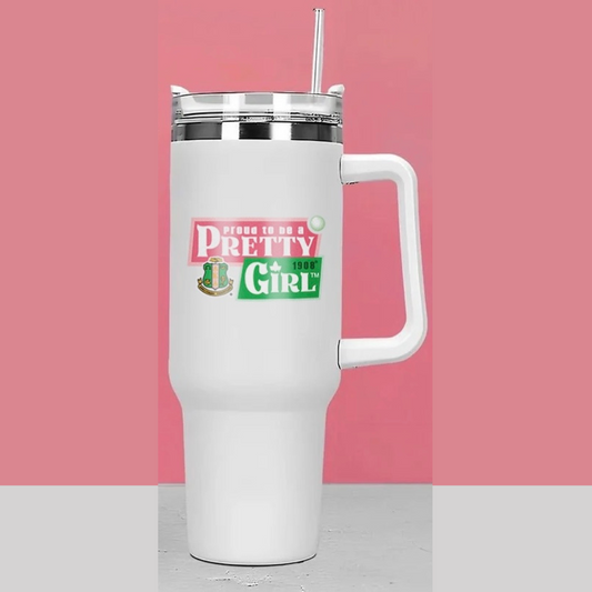 Proud to be a Pretty Girl™️ White Tumbler.                   SIP PRETTY, STAY PROUD THE AKA® WAY! 

💗*Purchase T-shirt to match💚