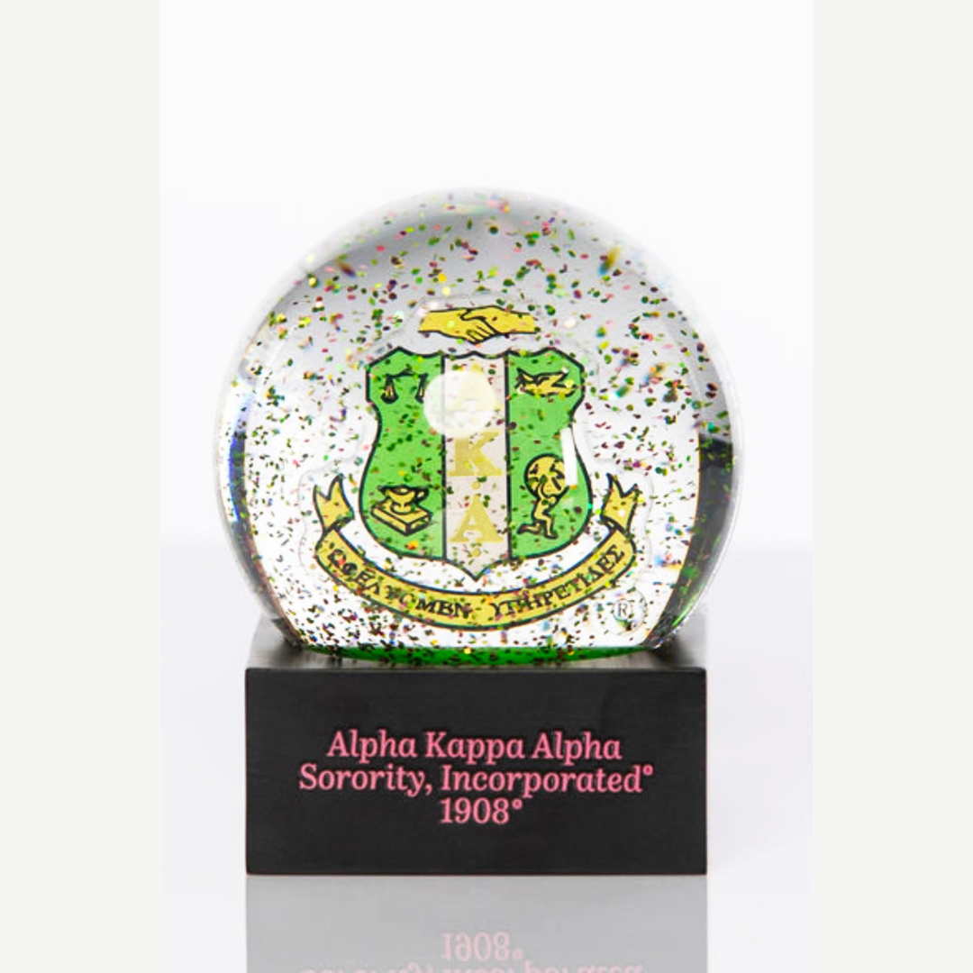 Custom Alpha Kappa Alpha Sorority, Inc. Executive Shield Glitter Globe. *20 Pearls float within each Glitter Globe.                     GLITTER, GLOW & 20 PEARLS  TO SHOW!